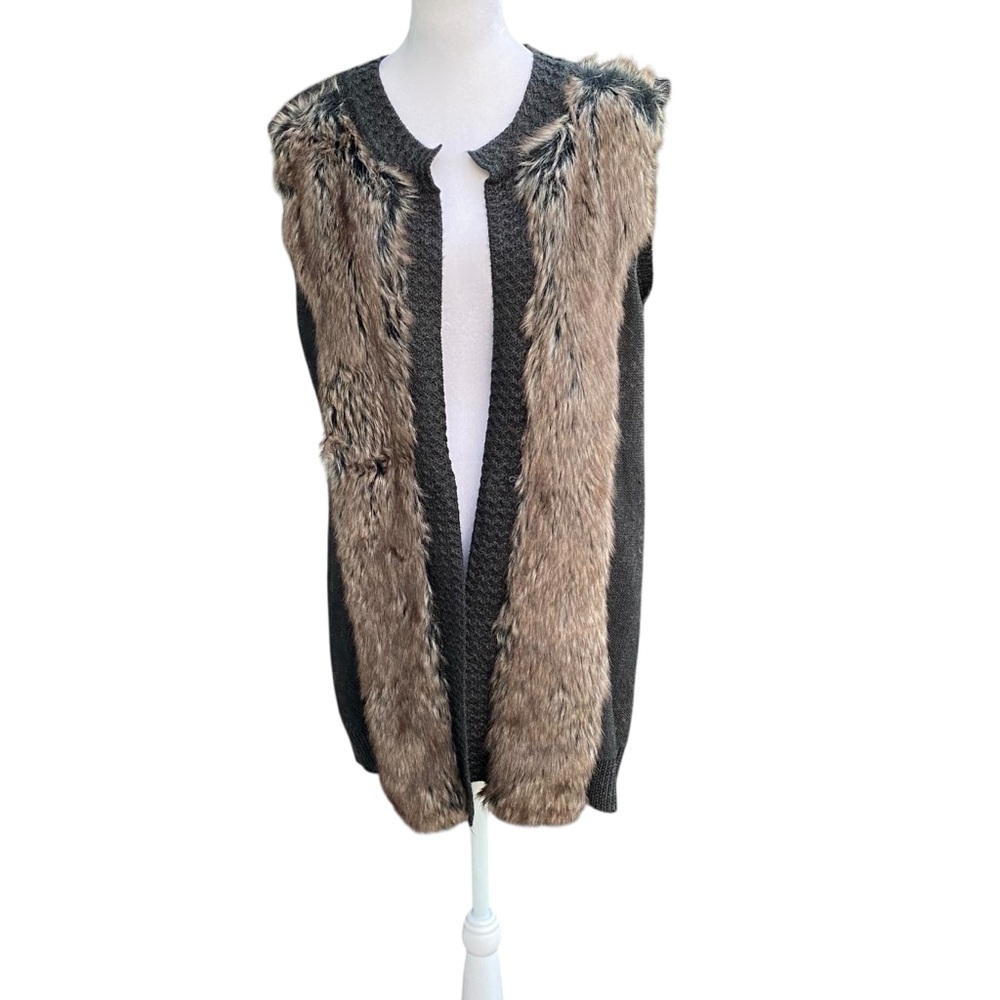 Tribal Gray‎ and Brown Faux Fur Long Line Open Vest Size Medium